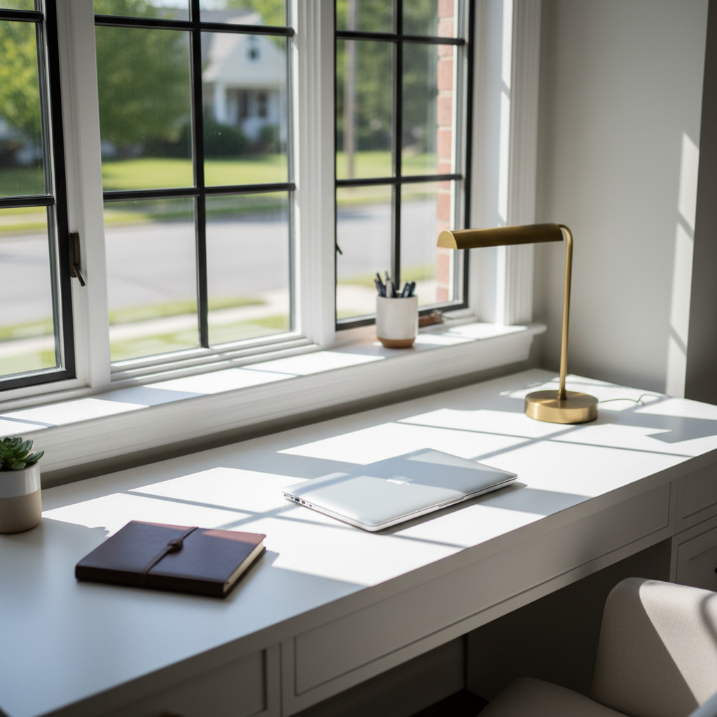 A sophisticated Long Island home office nook designed for remote work, in photographic realism. A built-in white desk is tucked into a bay window overlooking a leafy suburban street, with slim black-framed windows and a deep sill holding a small plant and a ceramic cup of pens. The desk surface is clean except for a closed laptop without branding, a leather notebook, and a simple task lamp with a brass finish. Late morning natural light pours in, casting soft, angled shadows across the smooth desktop and emphasizing the quiet, focused atmosphere. Captured from a three-quarter angle with shallow depth of field, the view outside is softly blurred while the work surface is crisp, conveying a refined, productive lifestyle that appeals to Long Island buyers who work from home.