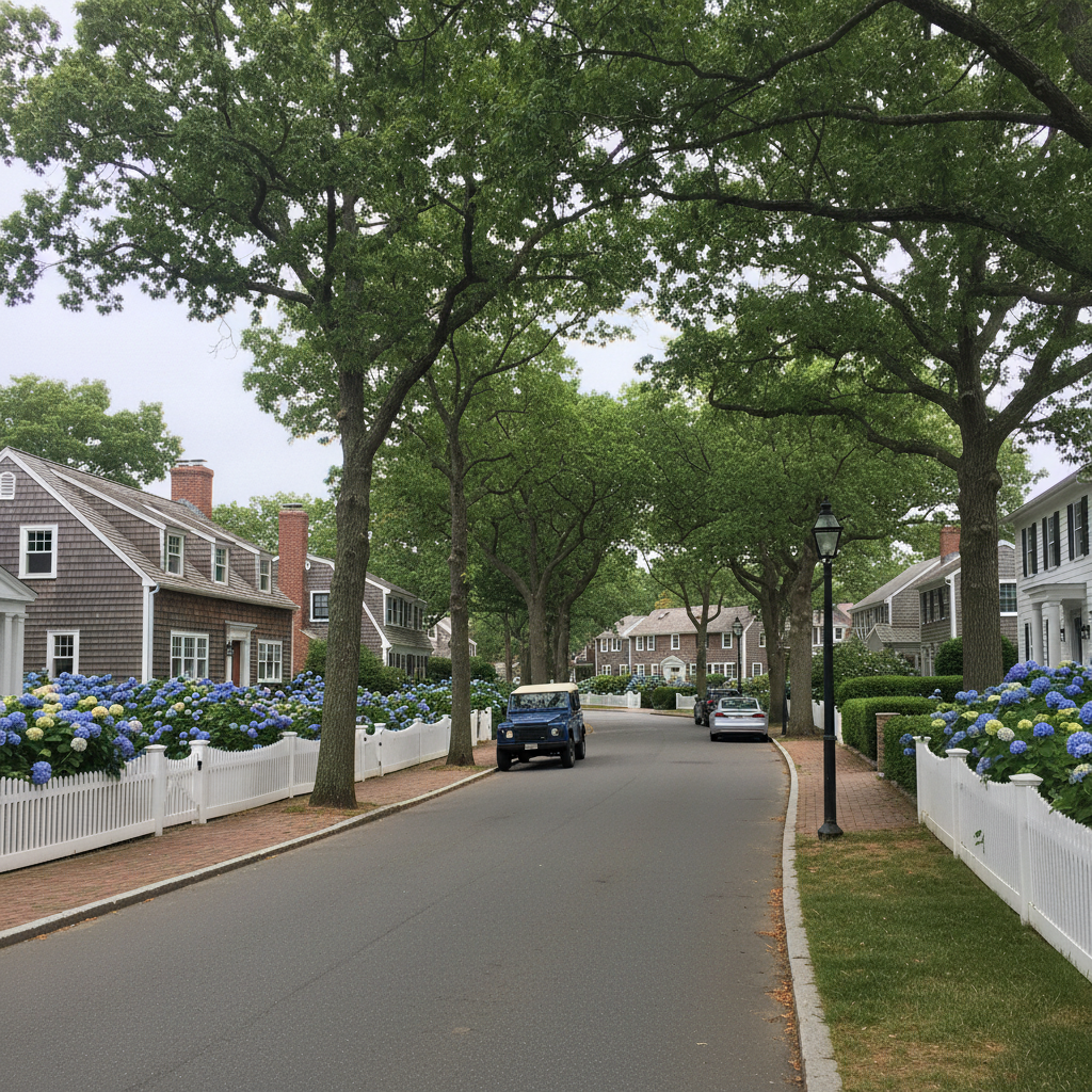 A coastal Long Island neighborhood streetscape in photographic realism, showing a quiet curved road lined with mature trees and a mix of classic Cape Cod and updated colonial homes. Each house features distinct details: weathered cedar shingles, black-framed windows, crisp white fences, and neat front gardens with hydrangeas and boxwoods. Parked cars are minimal and subtly framed. Soft overcast light creates even, flattering illumination with minimal harsh shadows, emphasizing color and detail in the architecture and landscaping. Captured from a low, slightly off-center street-level perspective to suggest a leisurely walk, the mood is serene, safe, and inviting, perfectly suited for conveying the feel of Long Island neighborhoods to relocating buyers evaluating area lifestyle and curb appeal.