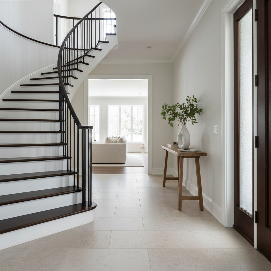A refined Long Island entryway perfectly staged for listing photos, in photographic realism. A dark-stained oak staircase with simple white risers curves gently upward, accented by a slim black metal handrail. The foyer floor is honed limestone with subtle veining, leading to sightlines of a sunlit living room beyond. A narrow console table in natural wood holds a single organic ceramic vessel with green branches, and a neatly arranged stack of keys and a minimalist tray. Soft natural light filters through a frosted sidelight window beside the front door, creating calm shadows along the wall. Shot at eye level using the rule of thirds, the composition feels uncluttered, sophisticated, and welcoming, ideal for illustrating thoughtful preparation for buyers entering a Long Island home.