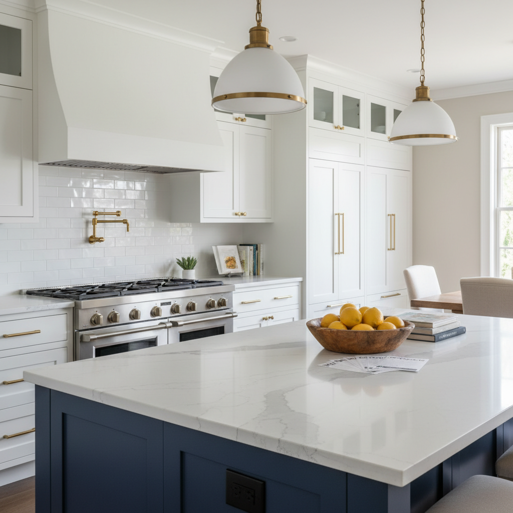 An elegant Long Island kitchen designed for serious home cooks, captured in photographic realism. Matte white cabinetry with slim brass hardware surrounds a large navy-blue island topped with veined white quartz. A professional-grade stainless steel range sits beneath a simple plaster hood, with a backsplash of glossy subway tile catching the light. On the island, a wooden bowl holds fresh lemons beside a small stack of open house flyers without visible text. Warm pendant lights cast a soft glow, mixing with natural afternoon light from a nearby window. Shot at counter height with shallow depth of field, the front of the island in sharp focus and the dining area softly blurred, the scene feels refined, inviting, and perfect for buyers imagining daily life in their new Long Island home.