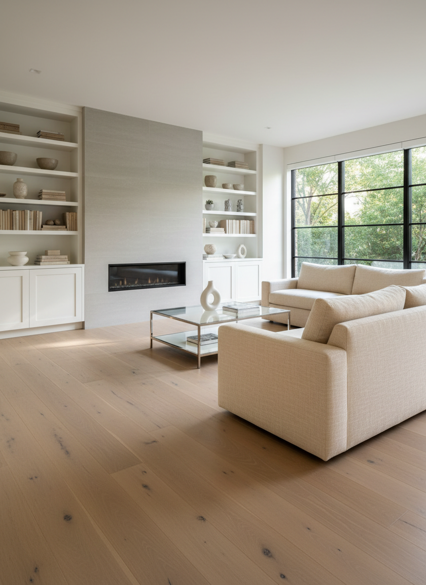 A bright, meticulously staged Long Island living room in photographic realism, featuring wide-plank oak floors, a modern gas fireplace with a sleek stone surround, and built-in white cabinetry styled with neutral ceramics and hardcover books. A low, linen-upholstered sectional in warm ivory faces a glass-topped coffee table with a single sculptural vase. Floor-to-ceiling windows reveal a hint of leafy suburban backyard. Soft, diffused morning light fills the room, creating gentle highlights on the wood grain and subtle reflections on the glass. Shot from a slightly elevated corner angle with sharp focus throughout, the mood is sophisticated, airy, and aspirational, ideal for showcasing the potential of thoughtfully prepared homes on Long Island.