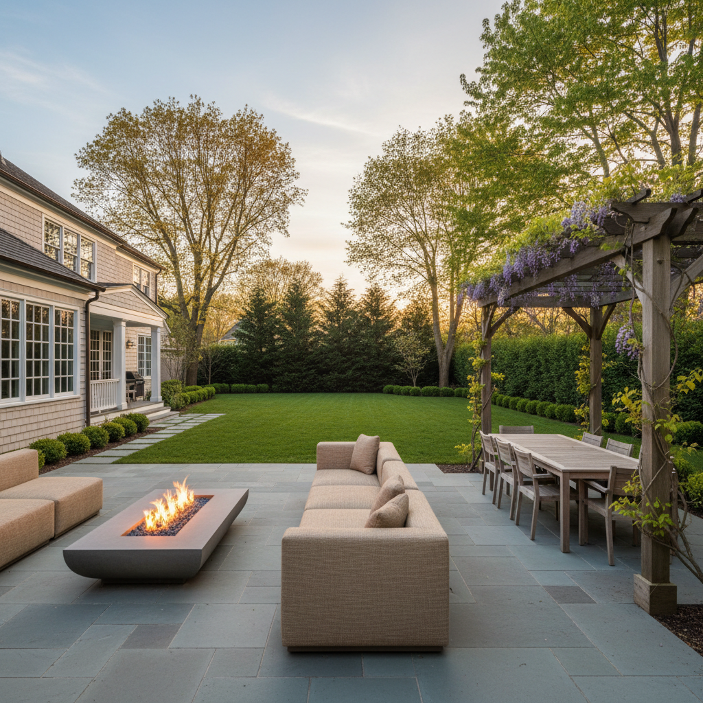 A serene Long Island backyard showcasing indoor-outdoor living, featuring a bluestone patio with a sleek rectangular gas fire pit, low modern seating cushions in sand-colored fabric, and a teak dining table under a simple pergola with climbing greenery. Beyond, a lush, level lawn is framed by tall privacy hedges and mature maple trees, with a glimpse of a traditional shingle-style house in the background. Captured in warm early evening light, the fire pit’s glow contrasts gently with the fading sky. Photographic realism from a slightly elevated angle, with balanced composition emphasizing both gathering and quiet retreat. The mood is relaxed yet polished, conveying an aspirational lifestyle for Long Island homeowners and relocators seeking sophisticated outdoor spaces.