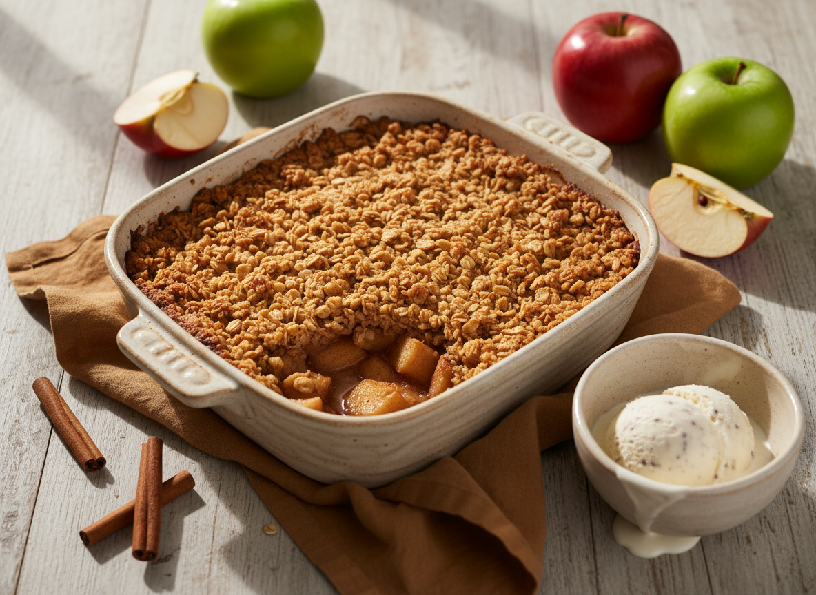 A warm apple crisp with a golden oat topping and a scoop of vanilla ice cream