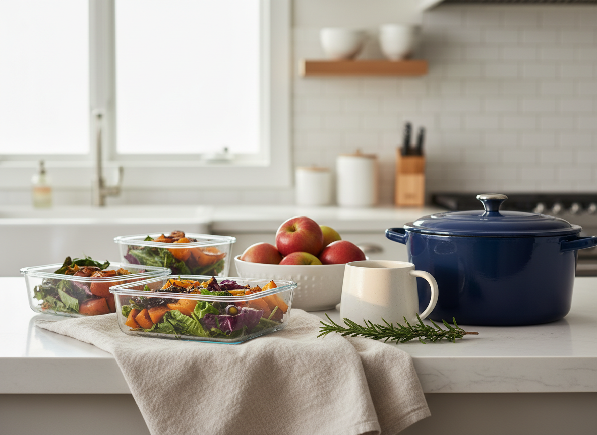 Sunday kitchen counter with glass containers of roasted vegetables, apples, rosemary and a navy pot in soft morning light